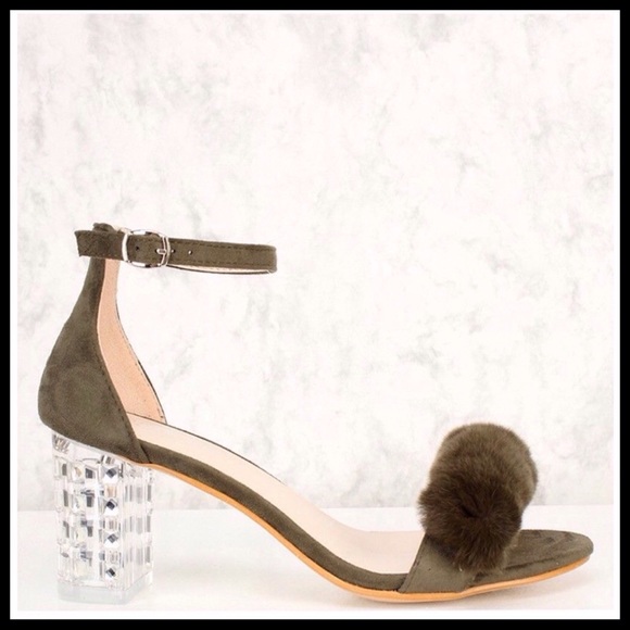 Olive Fur Clear Chunky Heels Suede - Picture 3 of 7